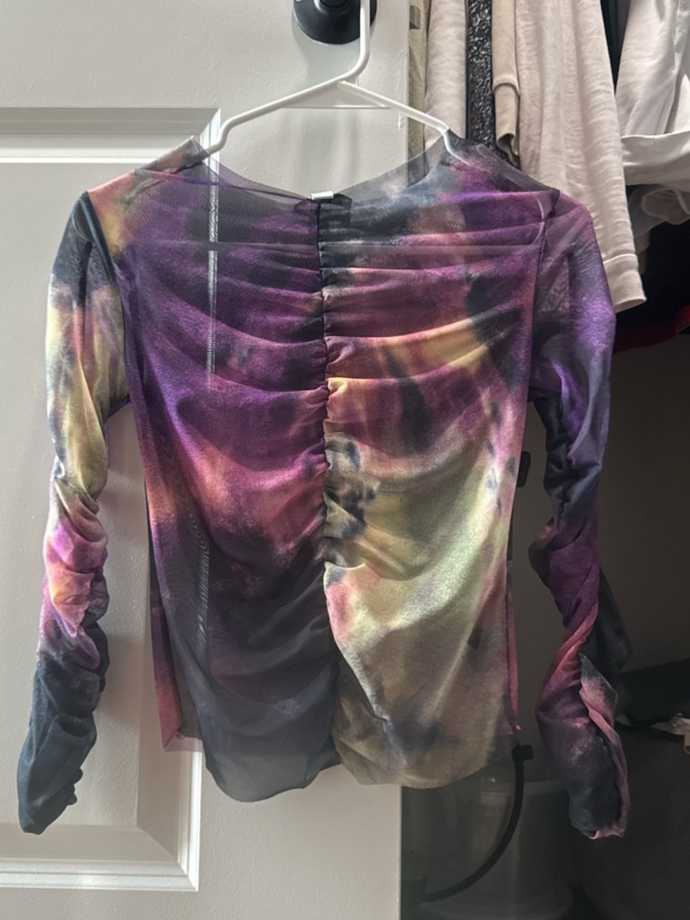 Topshop Multicolor Ruched Mesh Long-Sleeve Top